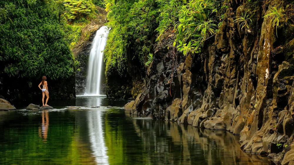 Wainibau Waterfall at the end of Lavena Coastal Walk on Taveuni Island, Fiji