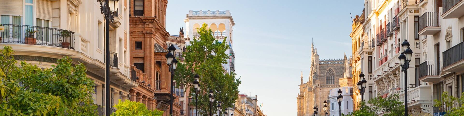 A bustling urban street lined with historic buildings and trees.