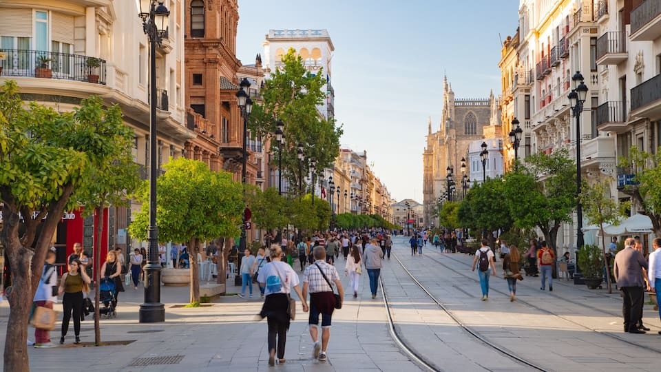 Plaza de Puerta Jerez featuring street scenes and a city as well as a large group of people