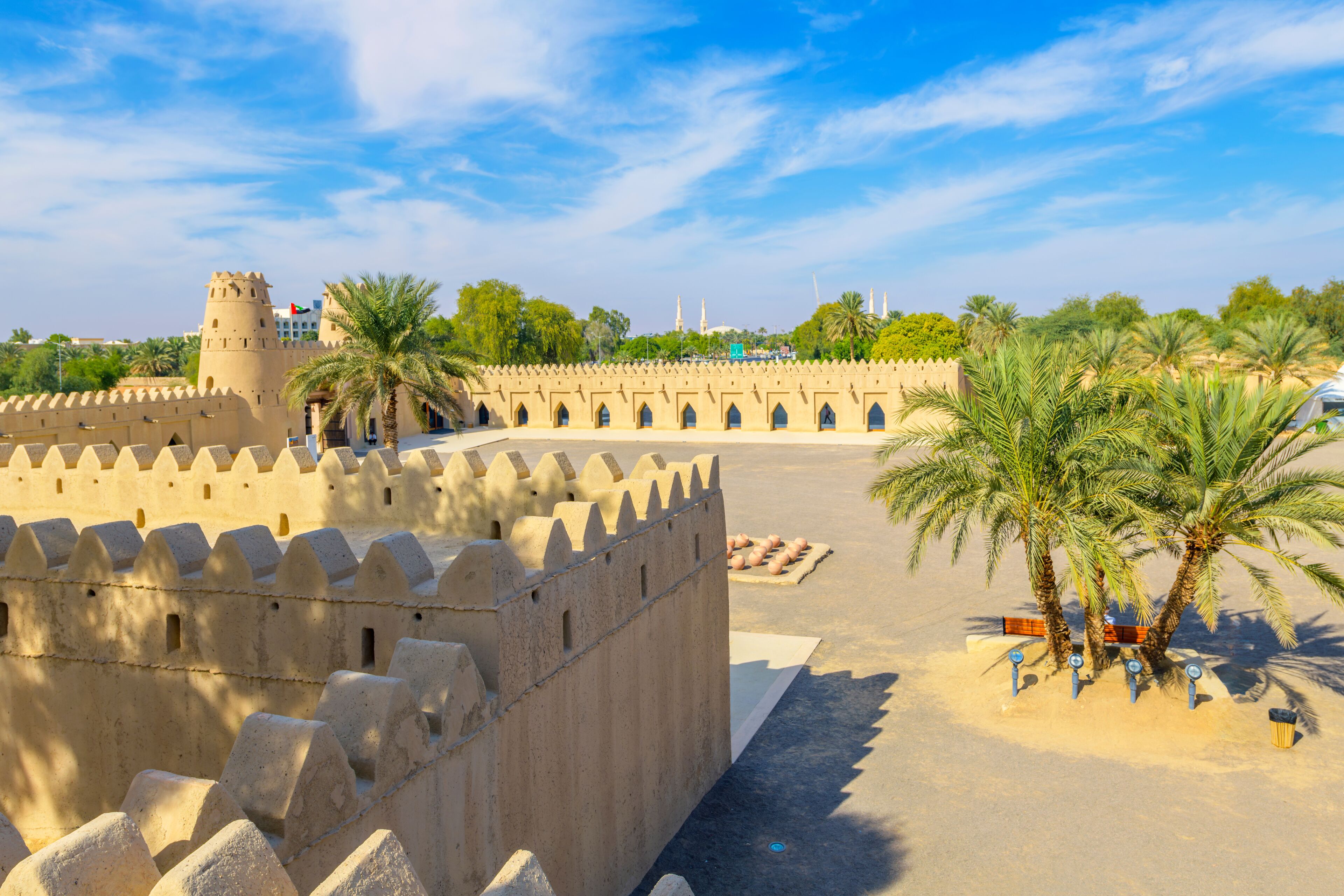 View from the courtyard of the historic Al Jahili Fort, in Al Ain, Abu Dhabi, the United Arab Emirates.