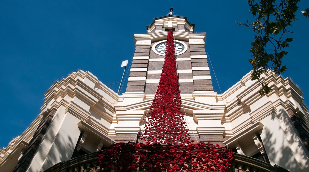 Narrandera Australia, Shire Council building with cascade of crocheted/knitted poppies for Anzac memorial services