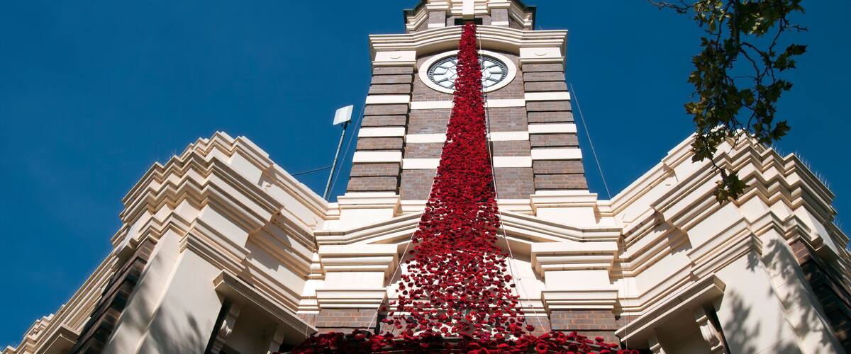Narrandera Australia, Shire Council building with cascade of crocheted/knitted poppies for Anzac memorial services