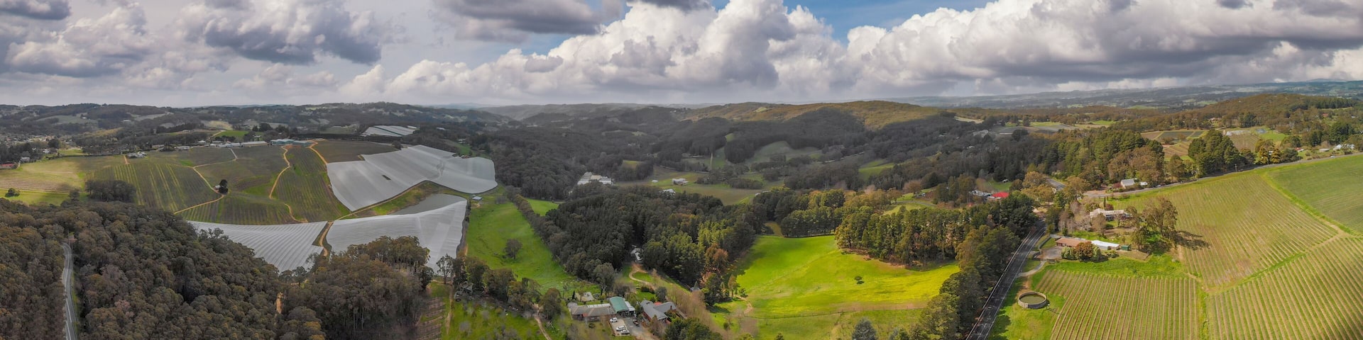 A rural landscape with fields, trees, and scattered houses.