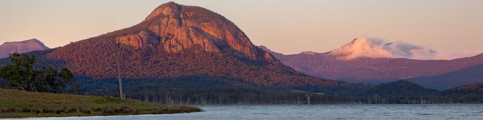 Sunrise view of Mount Greville from Lake Moogerah