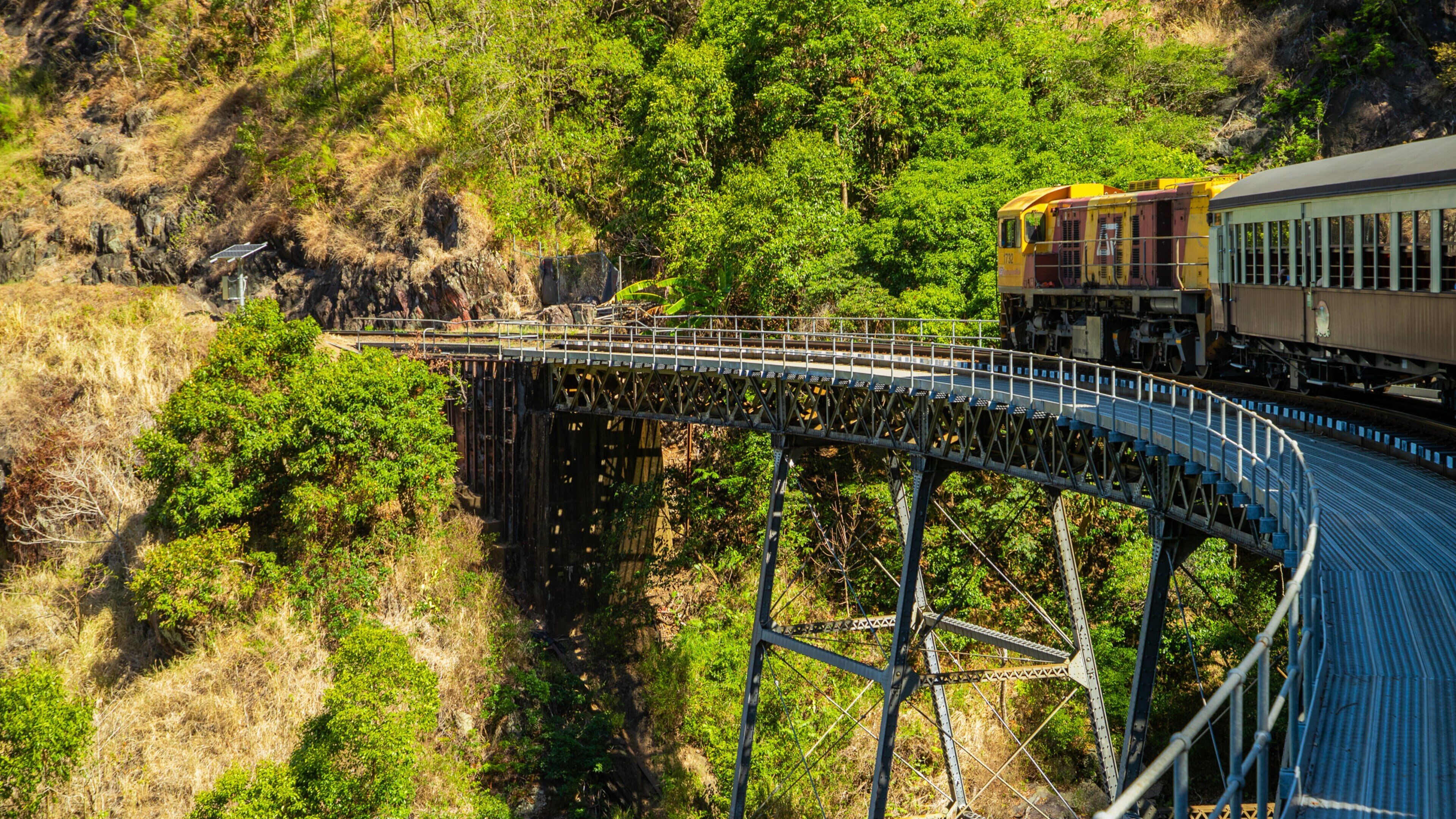 A train on a bridge over a canyon with lush greenery.