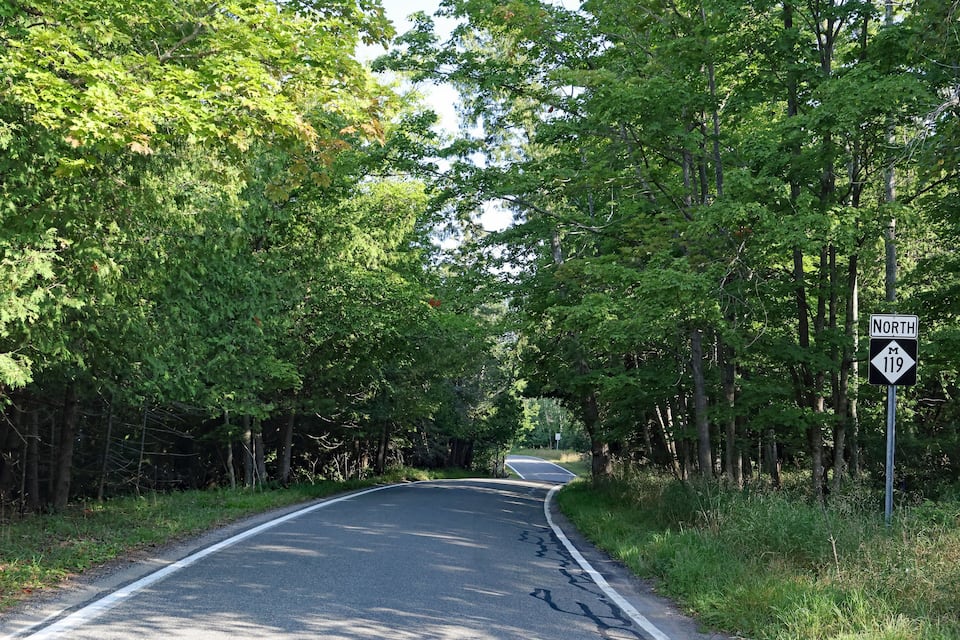 A road curving through a forested area with a sign indicating Route 119 North.