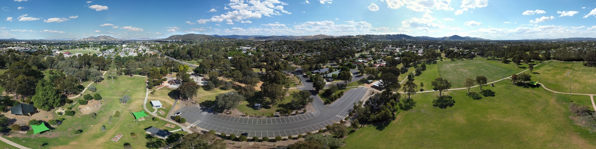 The aerial drone point of view in 360 degree photography at Wodonga is a city on the Victorian side of the border with New South Wales on the southern side of the Murray River.