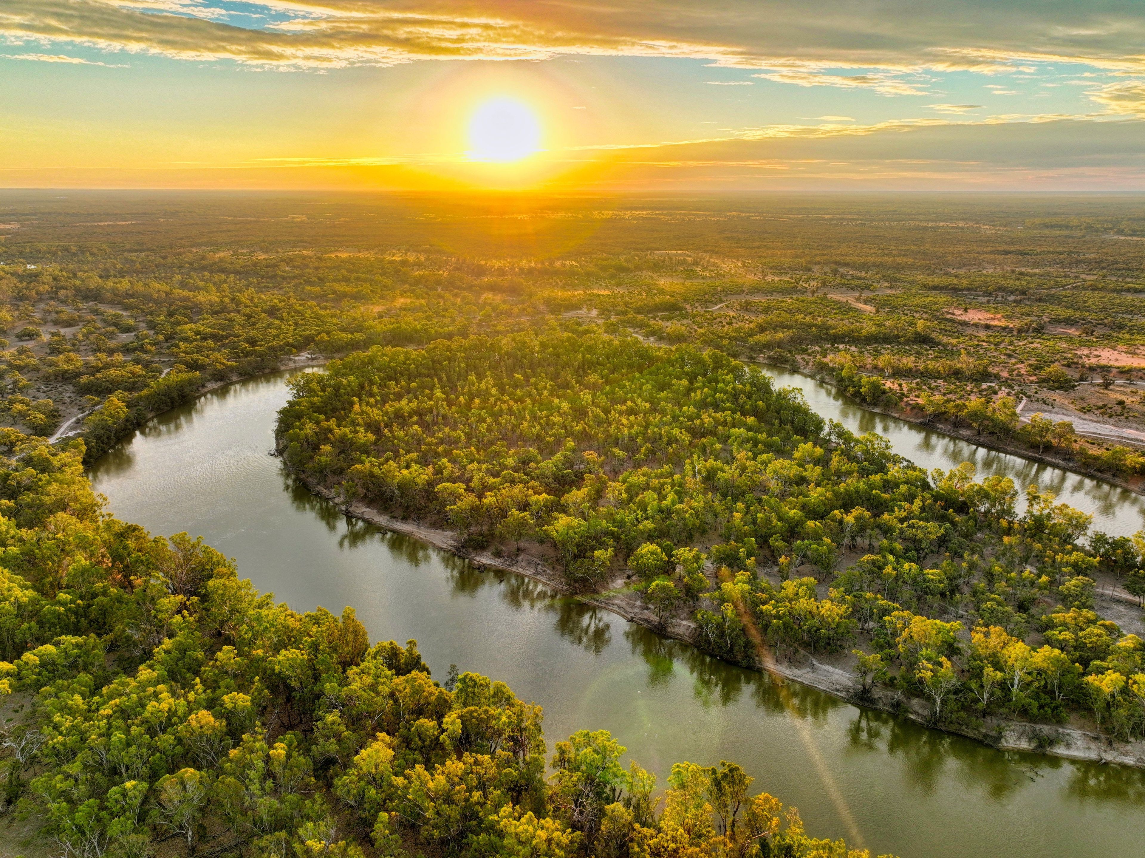 Une rivière serpentant à travers une forêt dense, avec un coucher de soleil en arrière-plan.