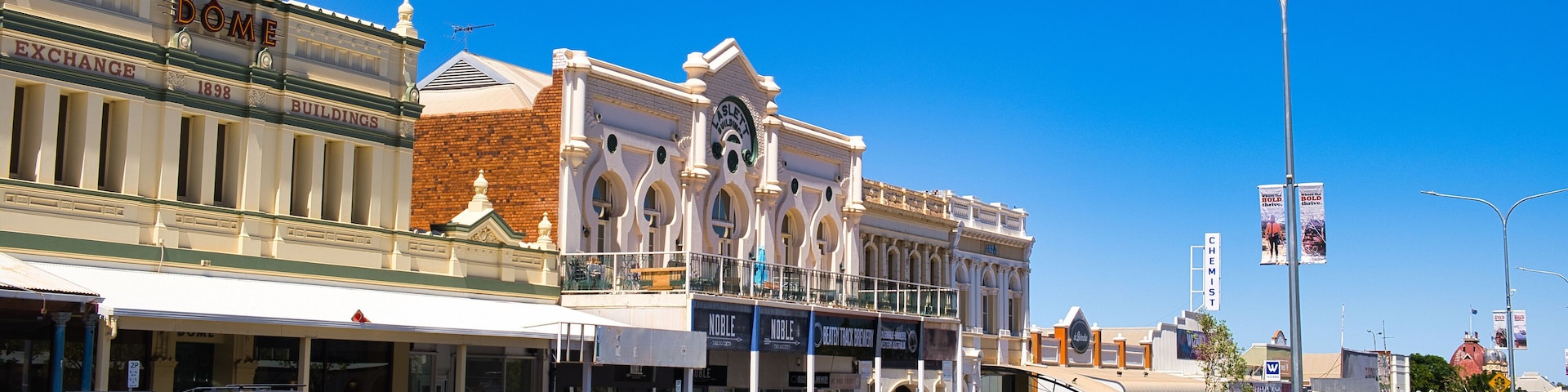Street scene with the heritage Exchange Buildings and Laslett Building in Hannan Street, Kalgoorlie, Western Australia