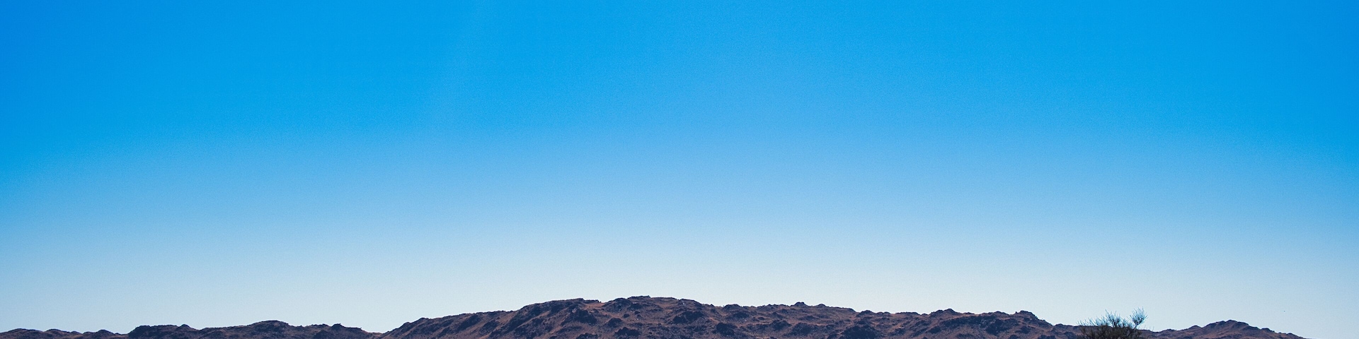 Paisagem desértica com vegetação escassa e montanhas ao longe, sob um céu azul límpido.