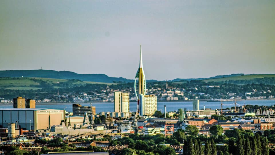 From the top of Portsdown hill you can see Portsmouth and the Spinnaker Tower. Beyond the Solent separates the Isle of Wight from the British mainland.