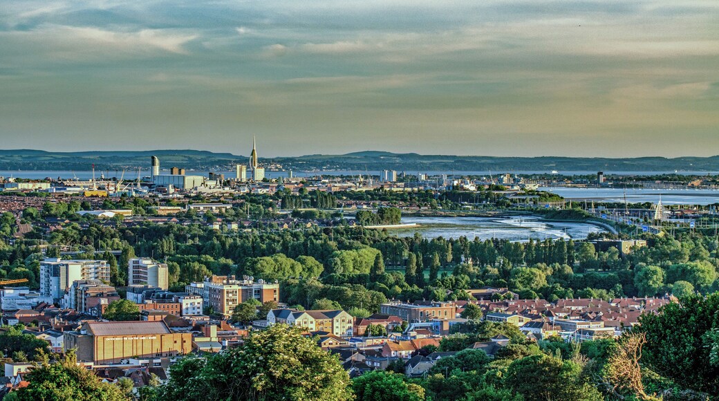Wider view from Portsdown Hill.the foreground shows Cosham. The M275 motorway bridge and the
