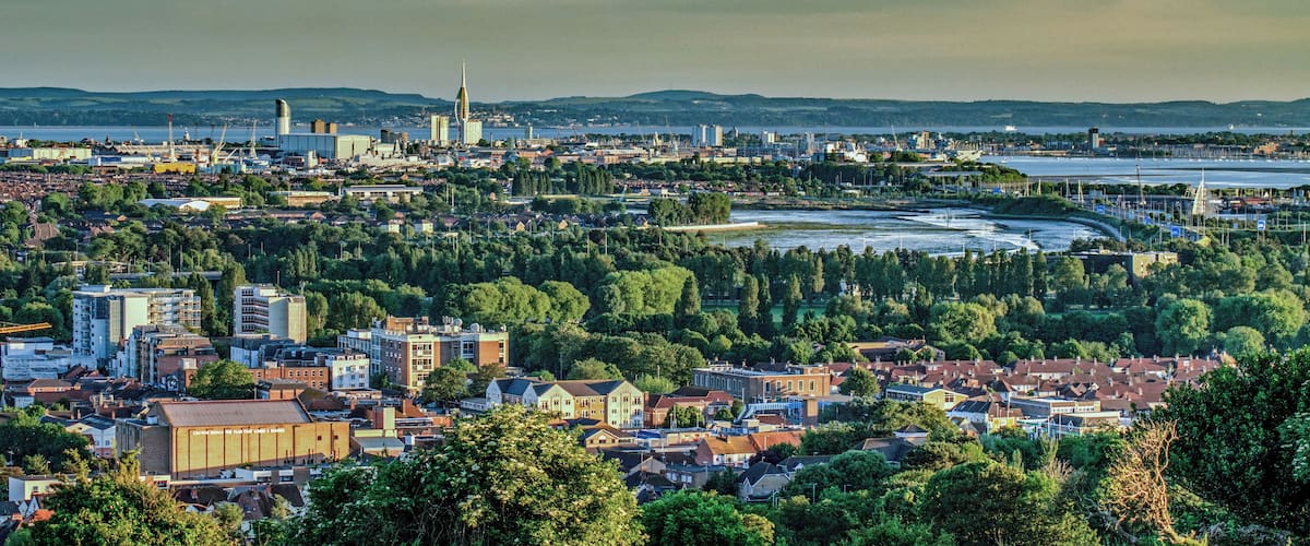 Wider view from Portsdown Hill.the foreground shows Cosham. The M275 motorway bridge and the