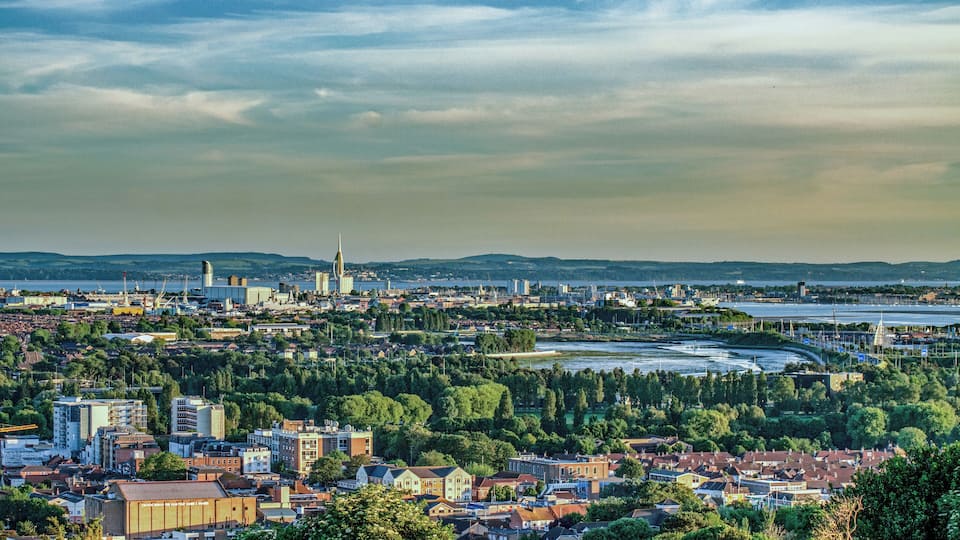 Wider view from Portsdown Hill.the foreground shows Cosham. The M275 motorway bridge and the