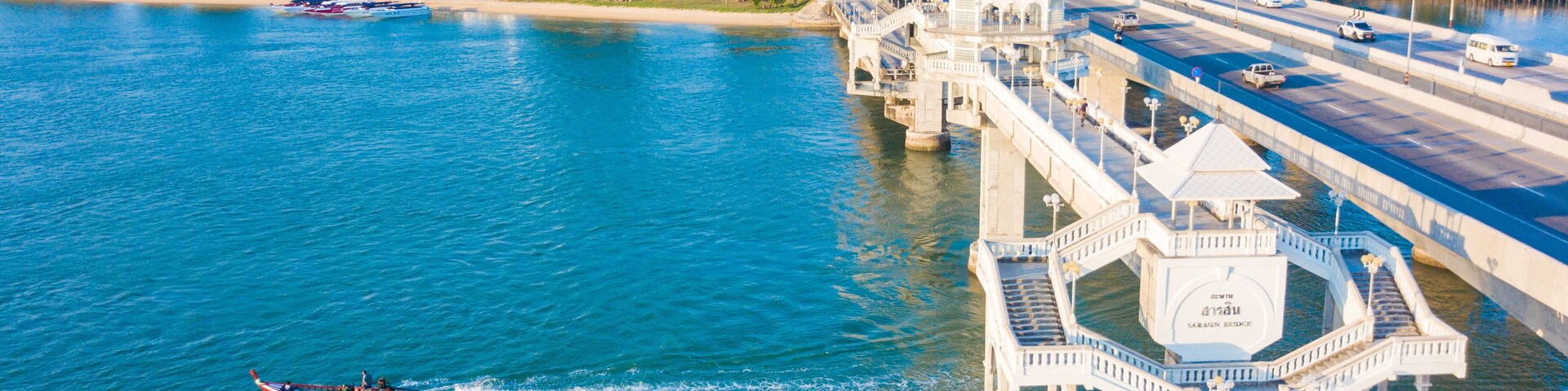 Aerial view of Sarasin Bridge, The bridge is a between Phang Nga and Phuket