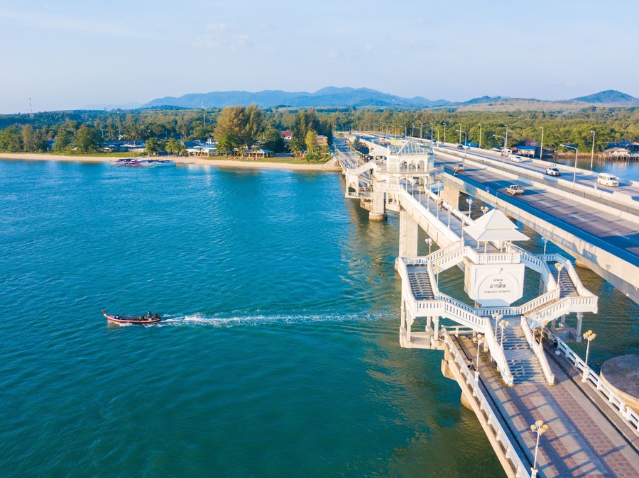 Aerial view of Sarasin Bridge, The bridge is a between Phang Nga and Phuket, landmark