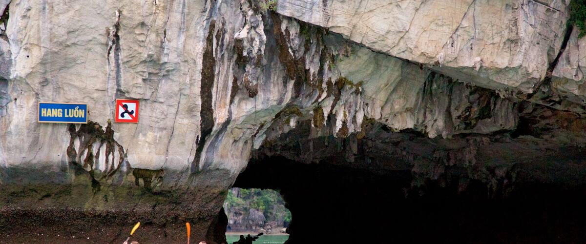 Halong Bay som omfatter en bugt eller havn og kajaksejlads eller kanosejlads