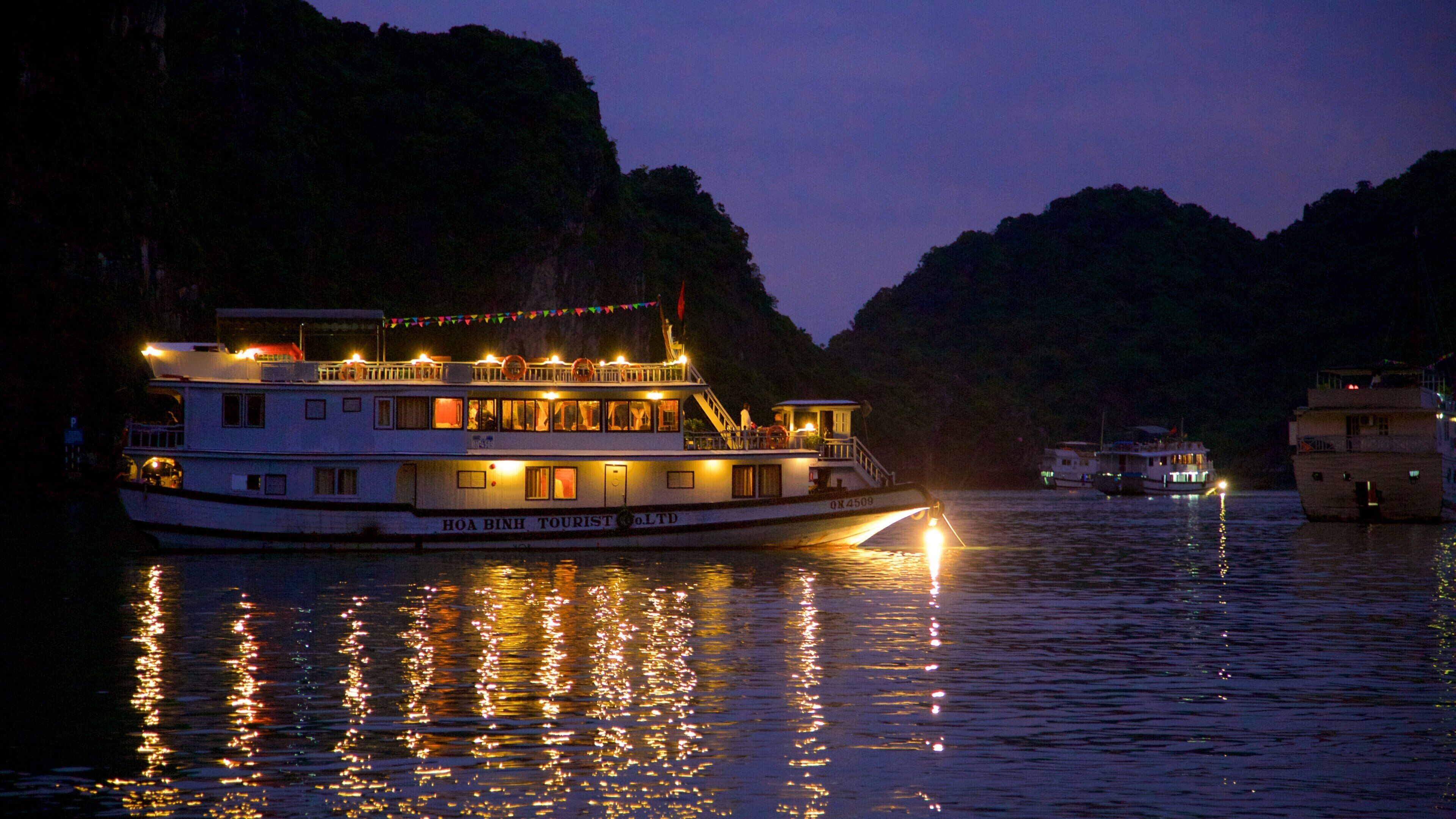Halong Bay which includes mountains, night scenes and a bay or harbour
