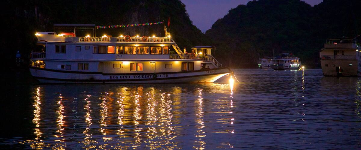 Halong Bay showing a bay or harbor, night scenes and mountains