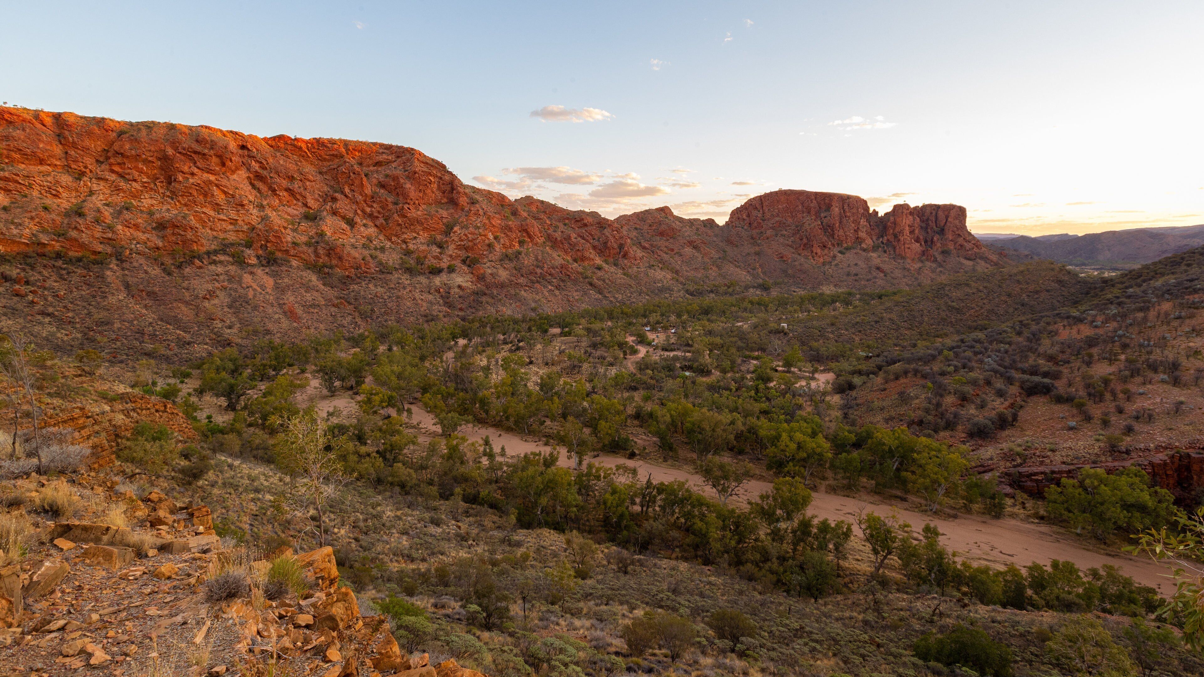 Trephina Gorge National Park showing desert views, a sunset and a gorge or canyon