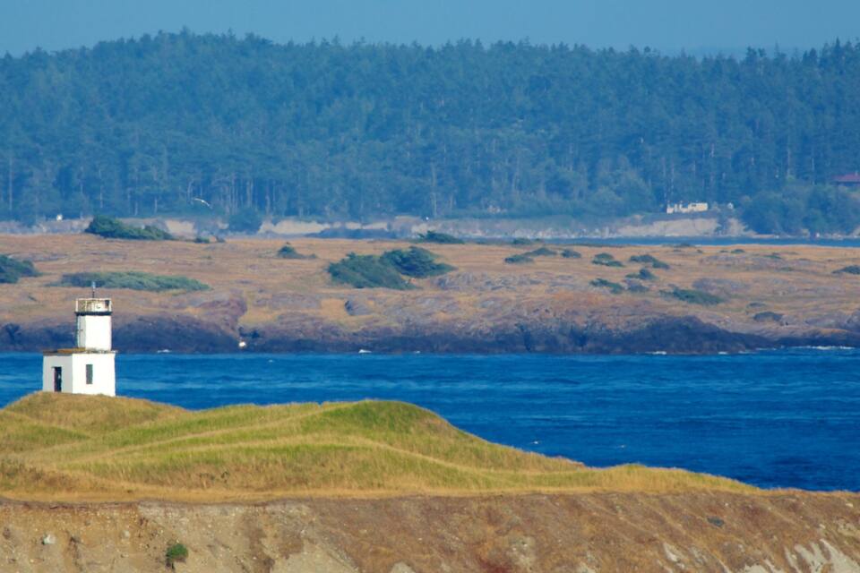 A lighthouse on a grassy hill overlooking a body of water with a forested hill in the background.