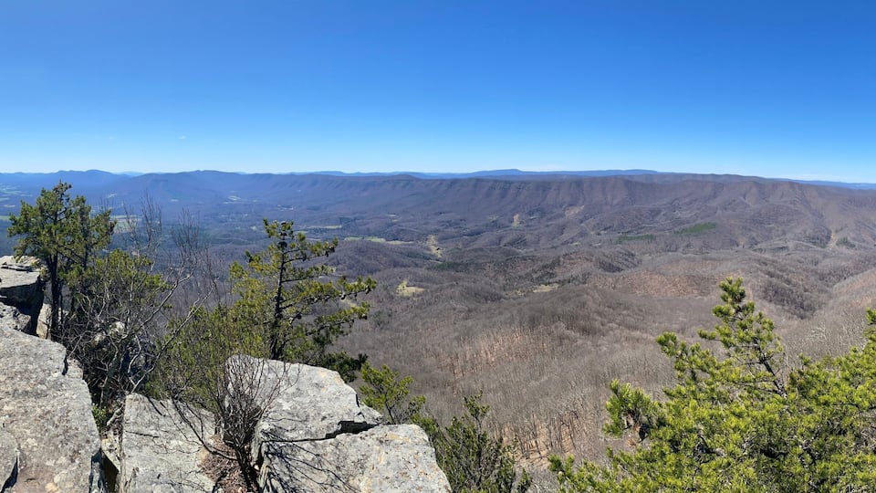 A mountainous landscape with rocky outcrops and scattered trees.