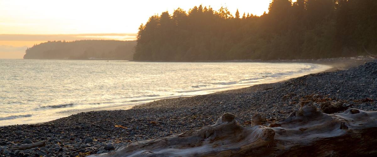 Sooke toont een kiezelstrand, algemene kustgezichten en een zonsondergang