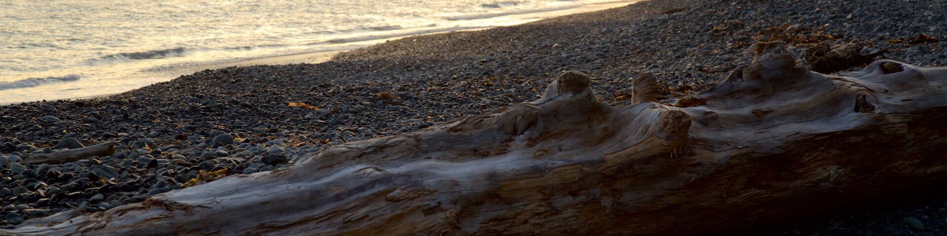 Sooke montrant plage de galets, coucher de soleil et vues littorales