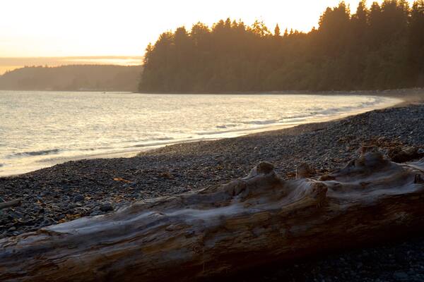 Sooke montrant plage de galets, coucher de soleil et vues littorales