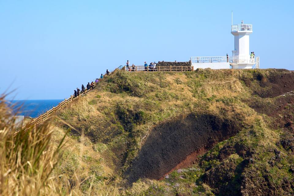 A lighthouse on a hill with a clear view of the ocean.