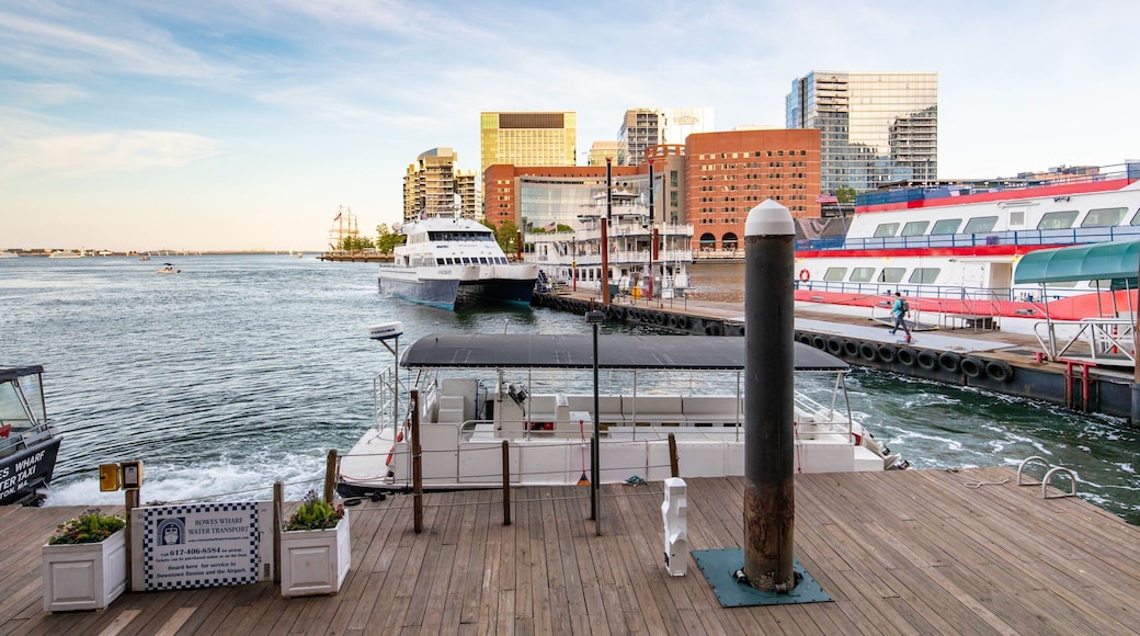 Boston Harbor showing a sunset and a bay or harbor