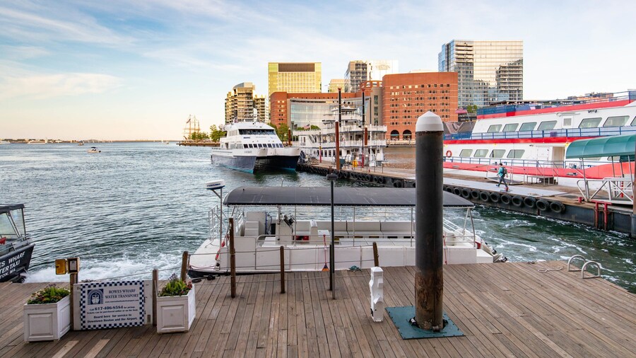 Boston Harbor showing a sunset and a bay or harbor