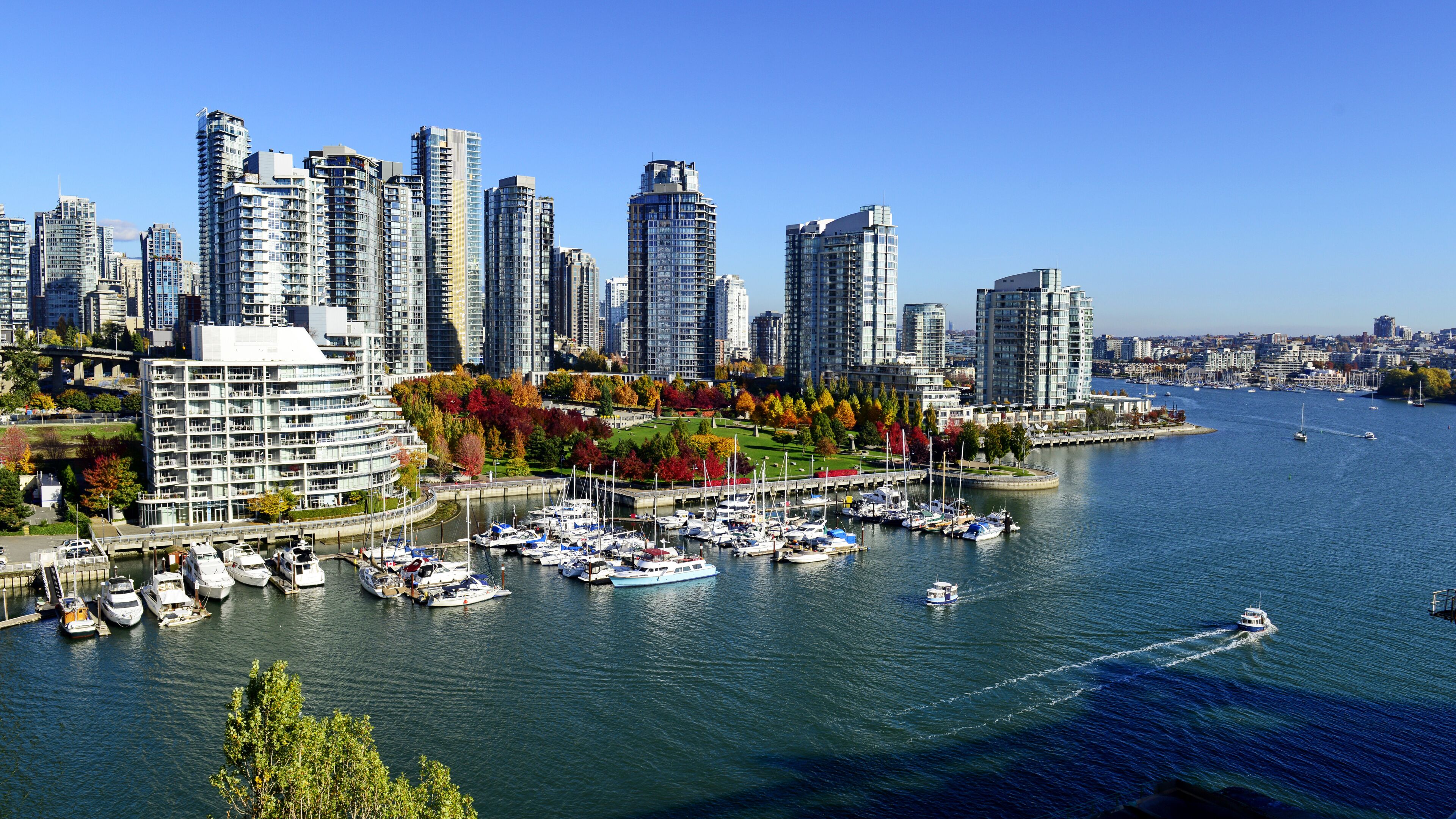 Autumn landscape of false creek in Vancouver downtown, BC, Canada