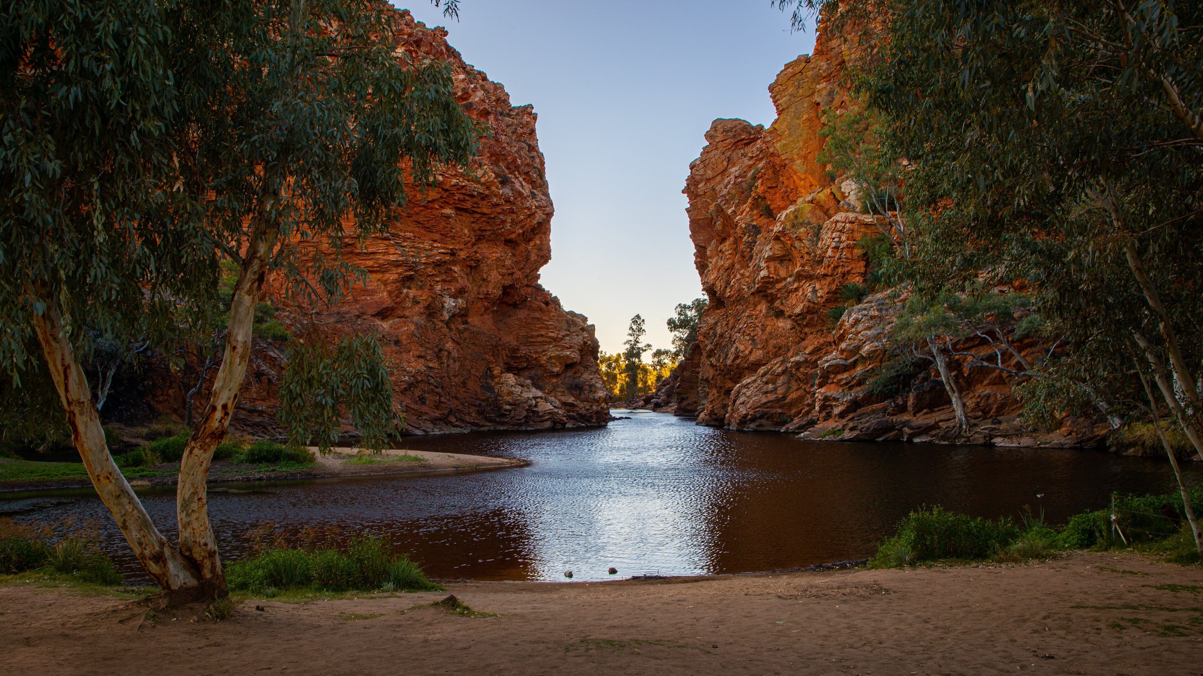 A river flowing through a canyon with red rock walls and trees on either side.