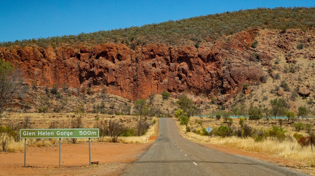 Glen Helen Gorge featuring desert views, tranquil scenes and signage