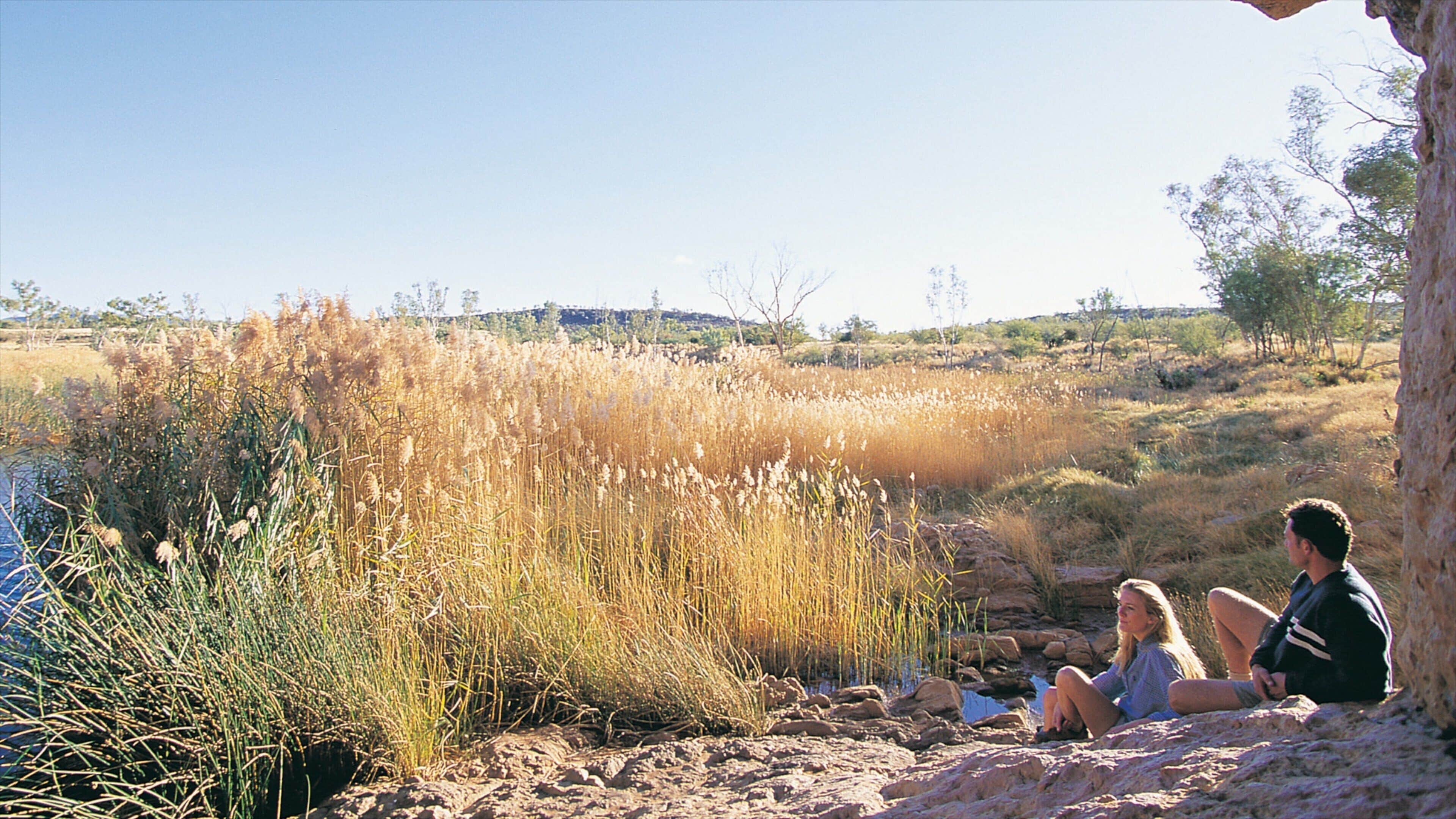 Alice Springs which includes a lake or waterhole and tranquil scenes as well as a couple