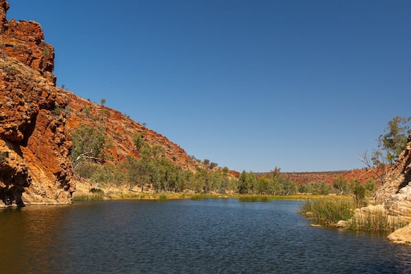 Glen Helen Gorge which includes a gorge or canyon, a river or creek and a lake or waterhole