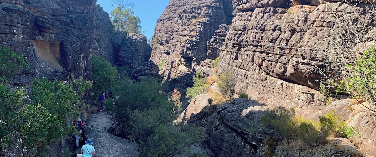 Un canyon rocheux avec un sentier étroit, bordé de gros rochers et d’une végétation clairsemée.