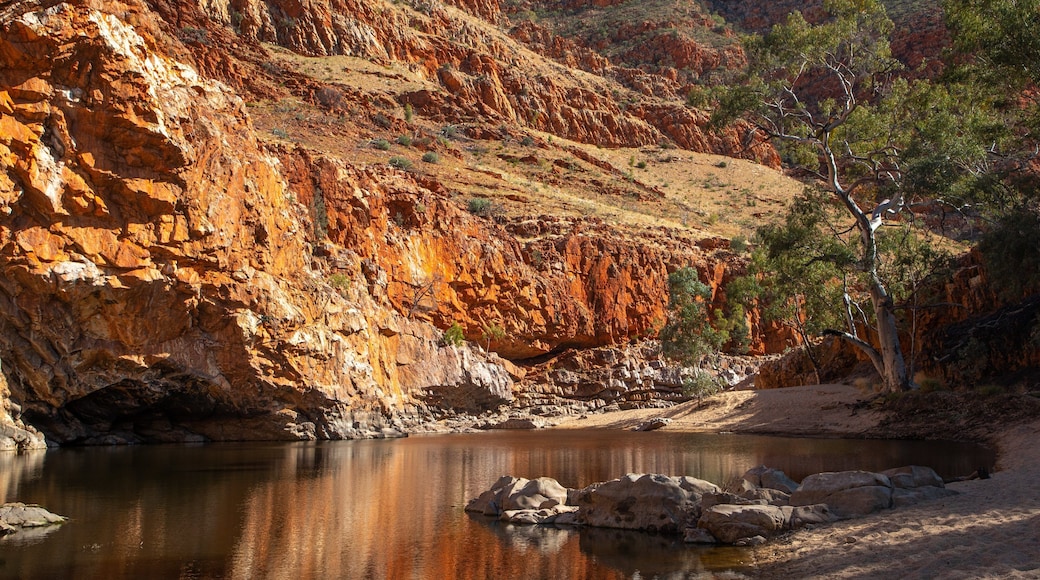 Ormiston Gorge which includes a lake or waterhole and a gorge or canyon