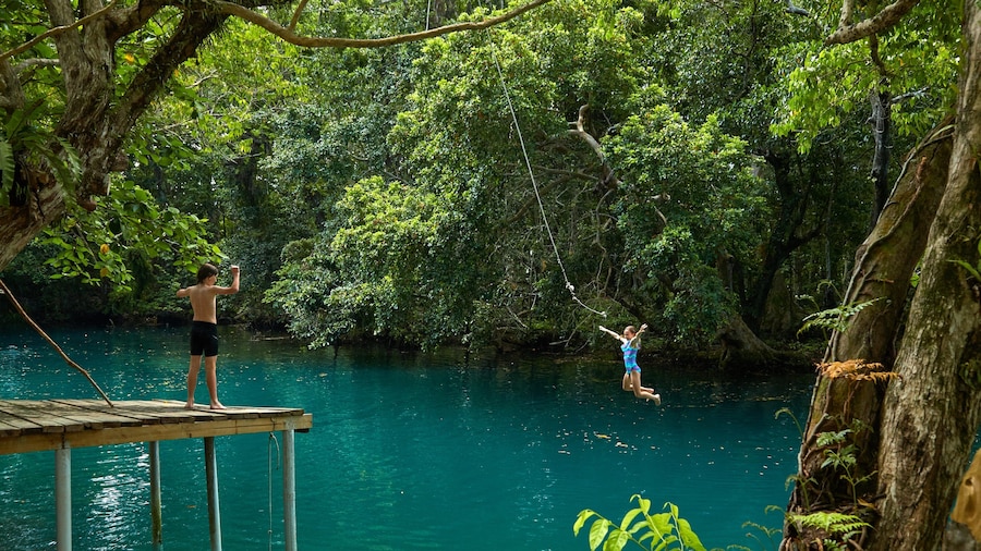 Luganville ofreciendo un lago o laguna y también niños