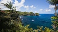 A tropical coastal landscape with lush greenery, a clear blue sea, and a small island with dense vegetation.