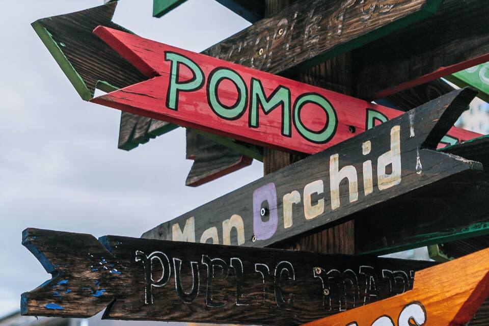 A collection of colorful directional signs with names like 'SEVELT ROW,' 'Broadview,' 'POMO,' 'Manor,' 'PUTZ,' 'CENTER STAGE,' 'MATTS BIG BREAK,' and 'FEL.'