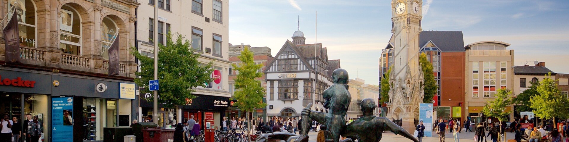 Leicester which includes a square or plaza, a city and a monument