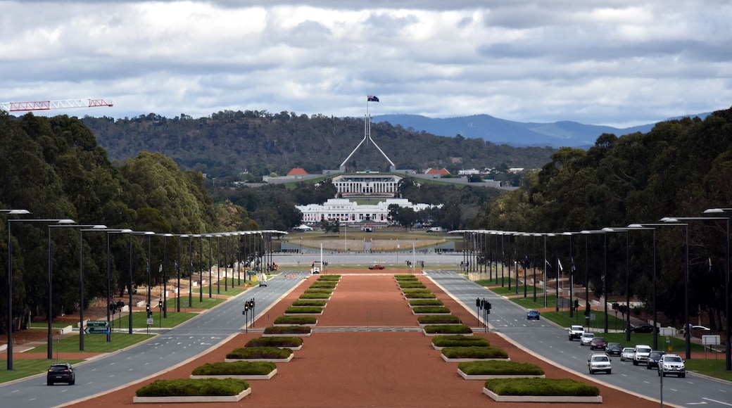 Canberra, Australia - March 18, 2017. Anzac Parade running from The Australian War Memorial in direction of Parliament House, Canberra. View of Anzac Parade and Parliament House in Canberra, Australia