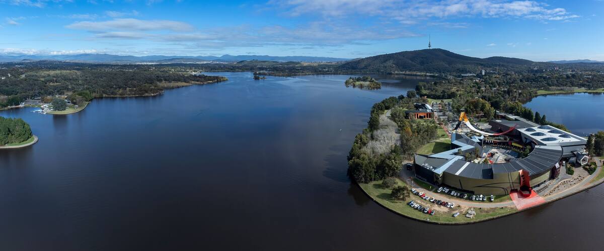 Aerial panoramic view of Lake Burley Griffin in the ACT Australia