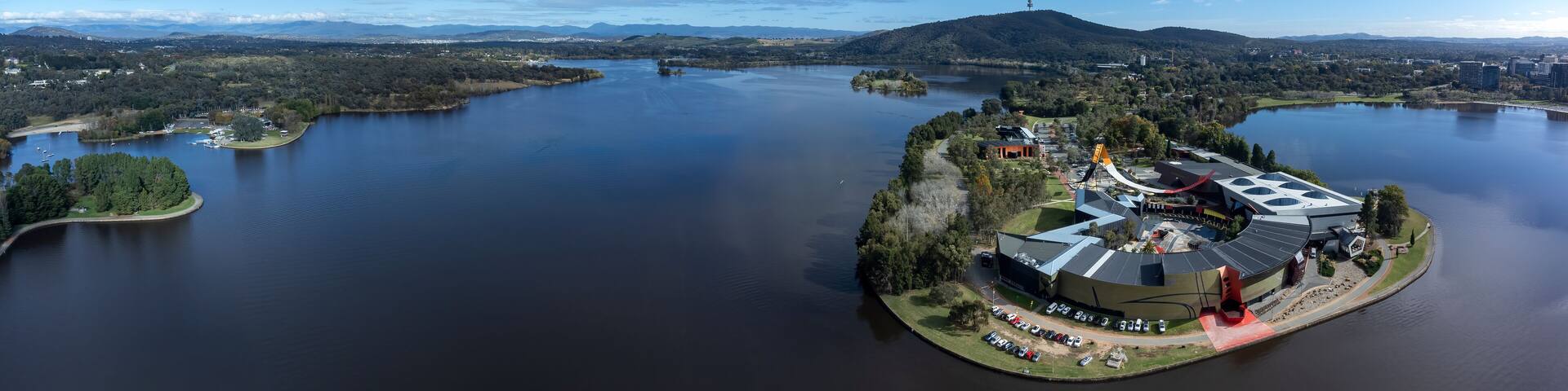 Aerial panoramic view of Lake Burley Griffin in the ACT Australia
