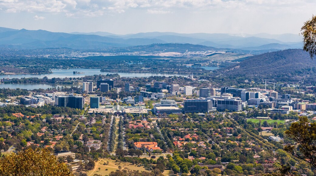 View of Canberra from Mount Ainslie lookout - ANZAC Parade leading up to the Parliament and modern architecture. ACT, Australia