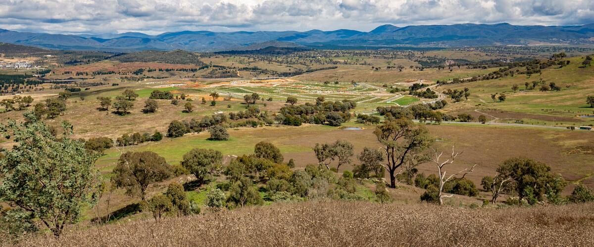 View of new development and residential construction site in the newly established suburb of Whitlam from Mount Painter in the Mount Painter Nature Reserve in Canberra, the capital city of Australia