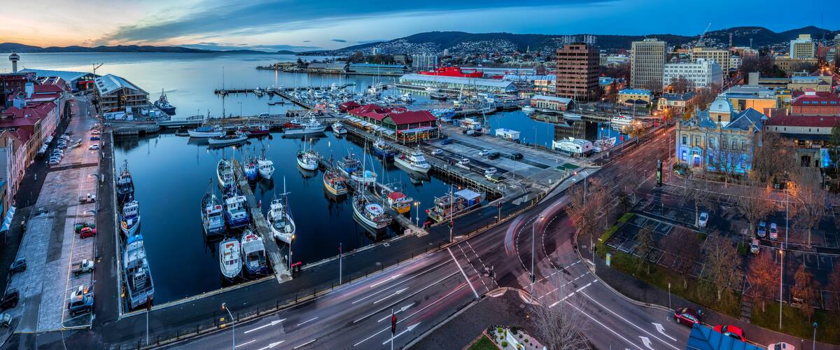 Un puerto con numerosas embarcaciones amarradas, un paisaje urbano con edificios, y un puente que une dos zonas.