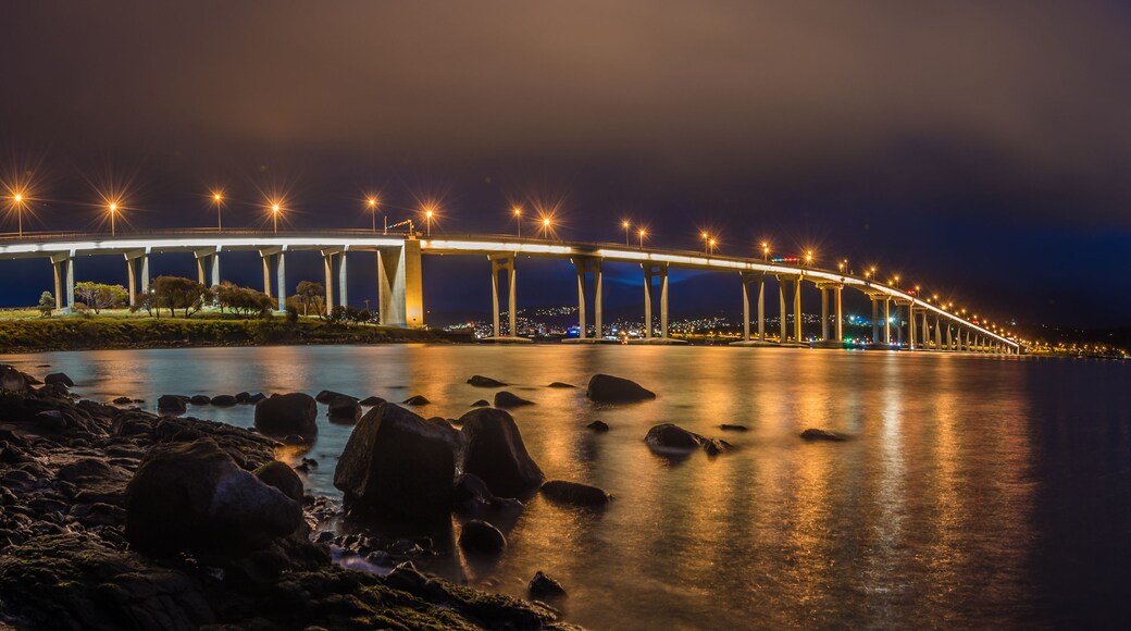 Een lange brug over water in de nacht, met verlichting die de constructie en het omliggende landschap accentueren.